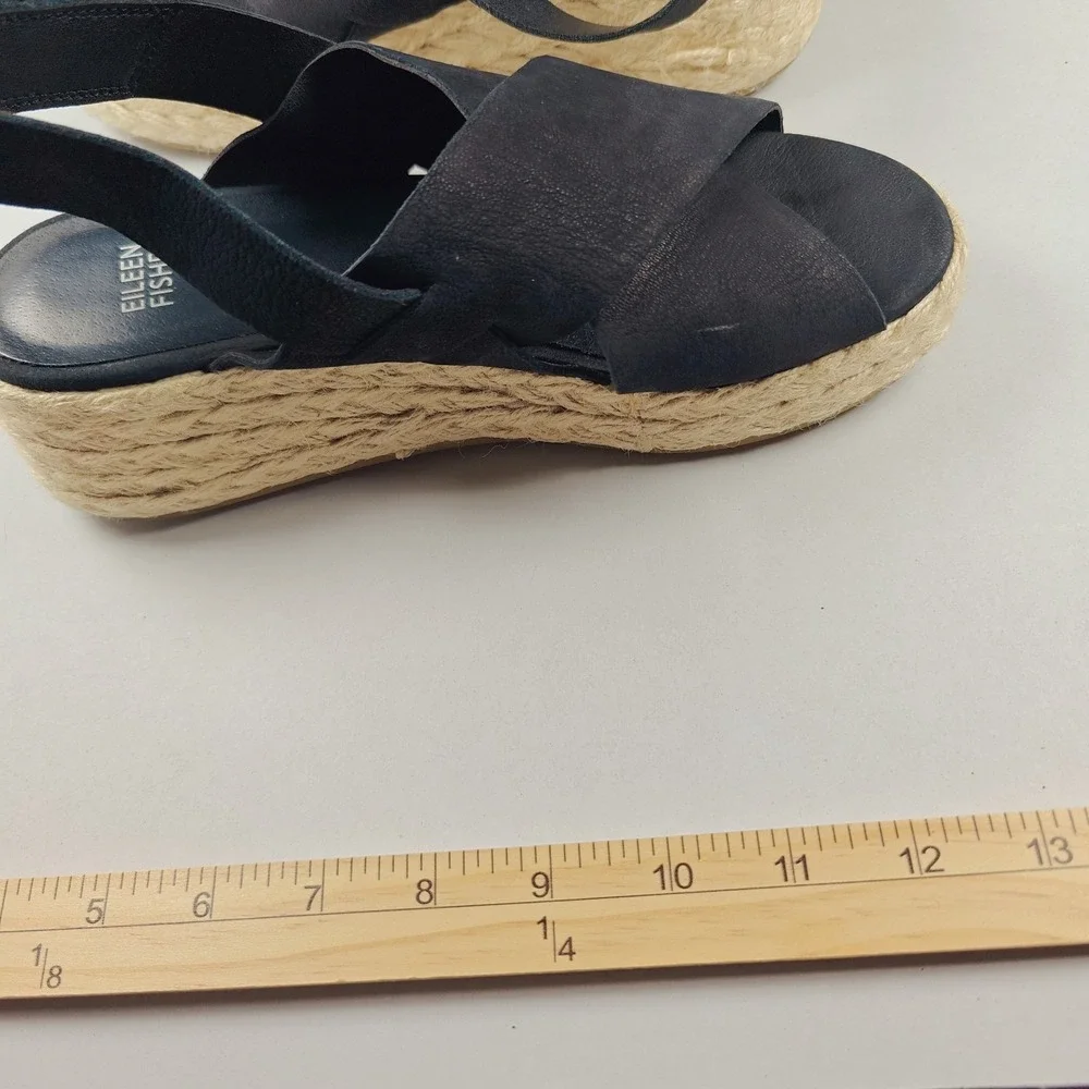 Eileen Fisher‎ Women's Black Leather Timor Espadrille Wedge Sandals Size 7